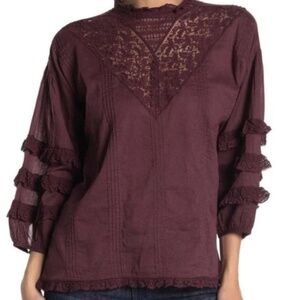 FRYE Diya Top Women Size XS Lace Accents 3/4 Sleeve